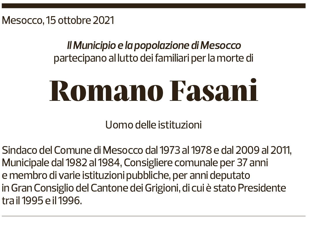 Annuncio funebre Romano Fasani