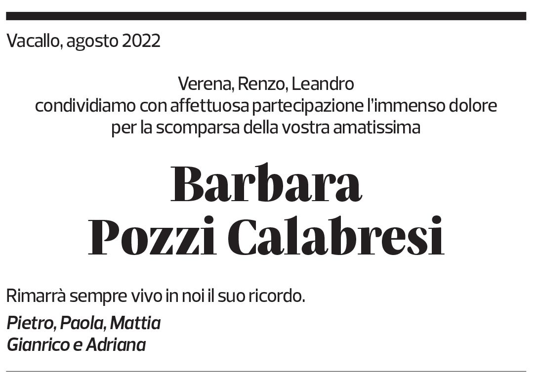 Annuncio funebre Barbara Pozzi Calabresi