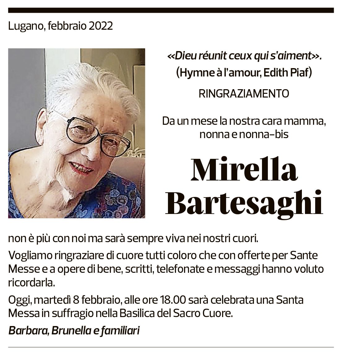 Annuncio funebre Mirella Bartesaghi