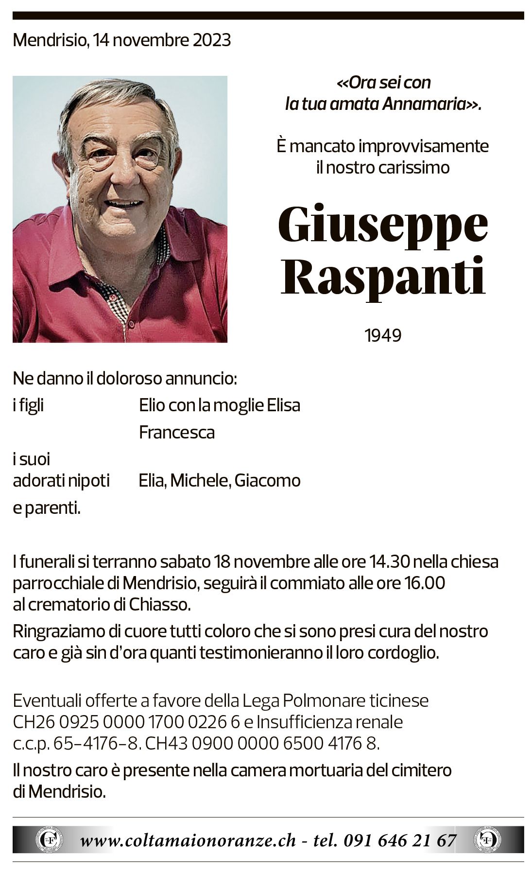 Annuncio funebre Giuseppe Raspanti