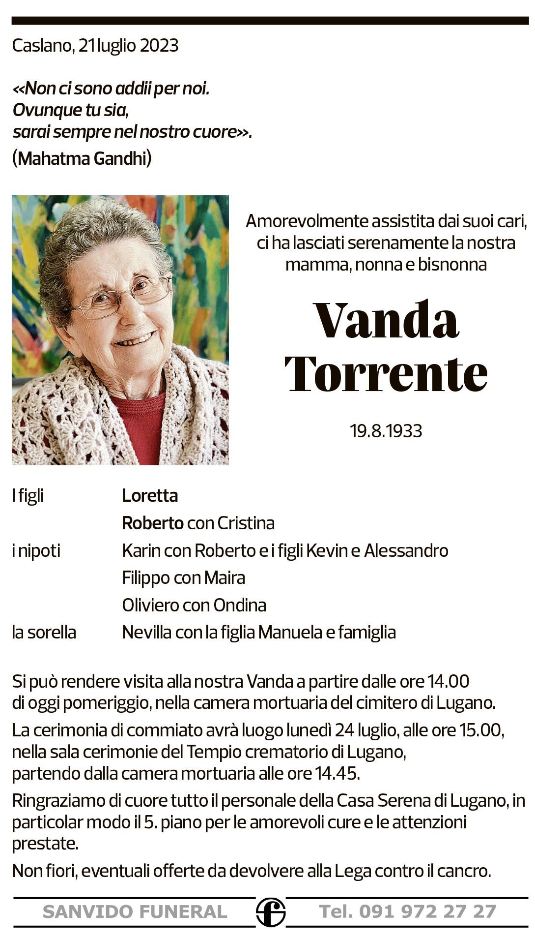 Annuncio funebre Vanda Torrente