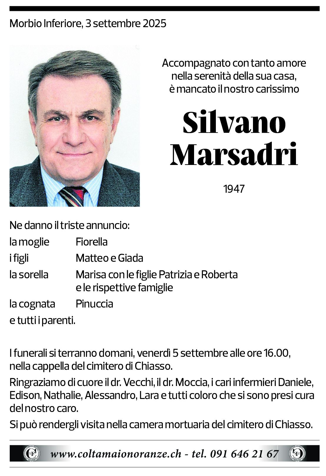 Annuncio funebre Silvano Marsadri
