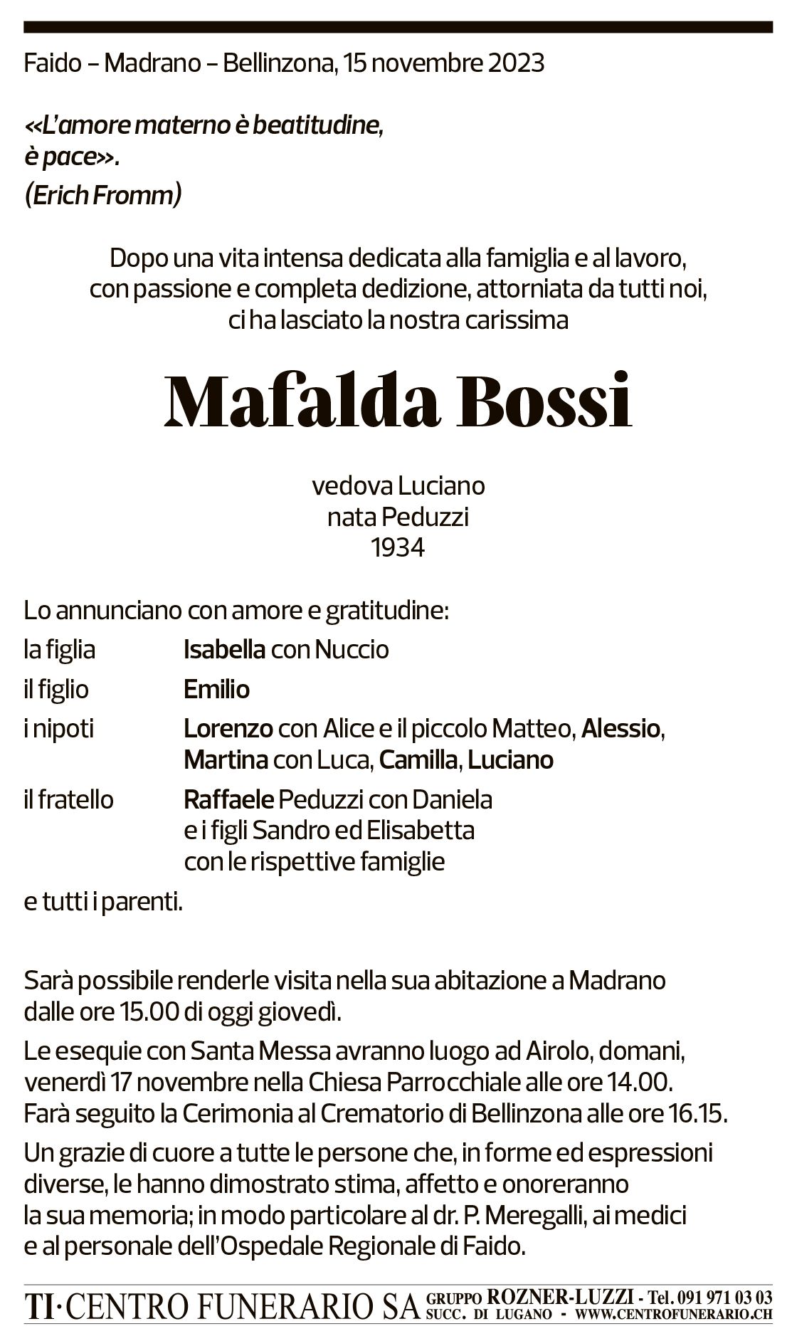 Annuncio funebre Mafalda Bossi