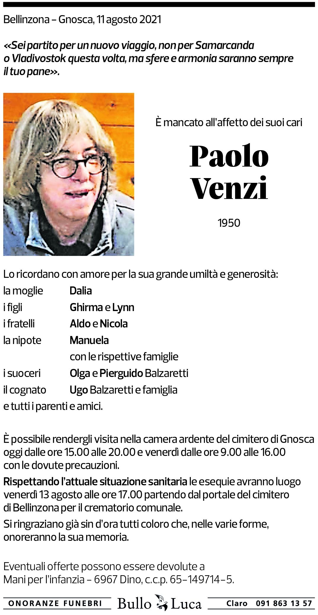 Annuncio funebre Paolo Venzi