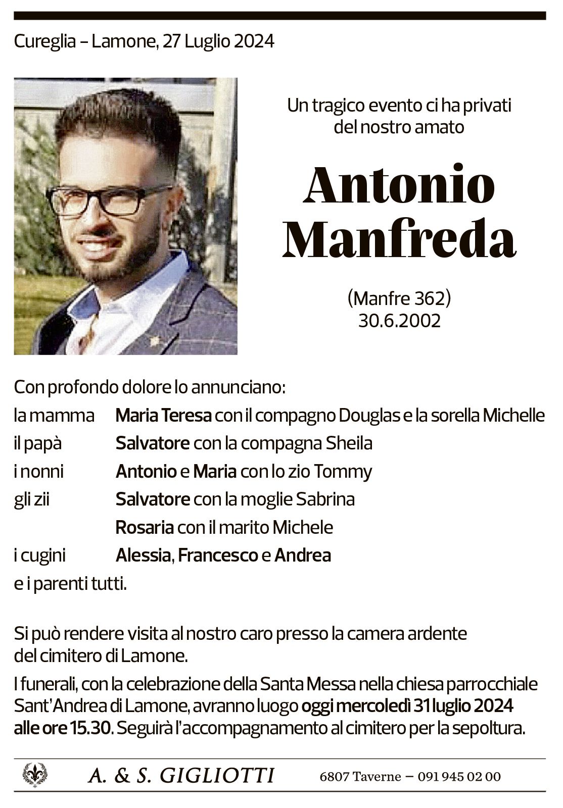 Annuncio funebre Antonio Manfreda