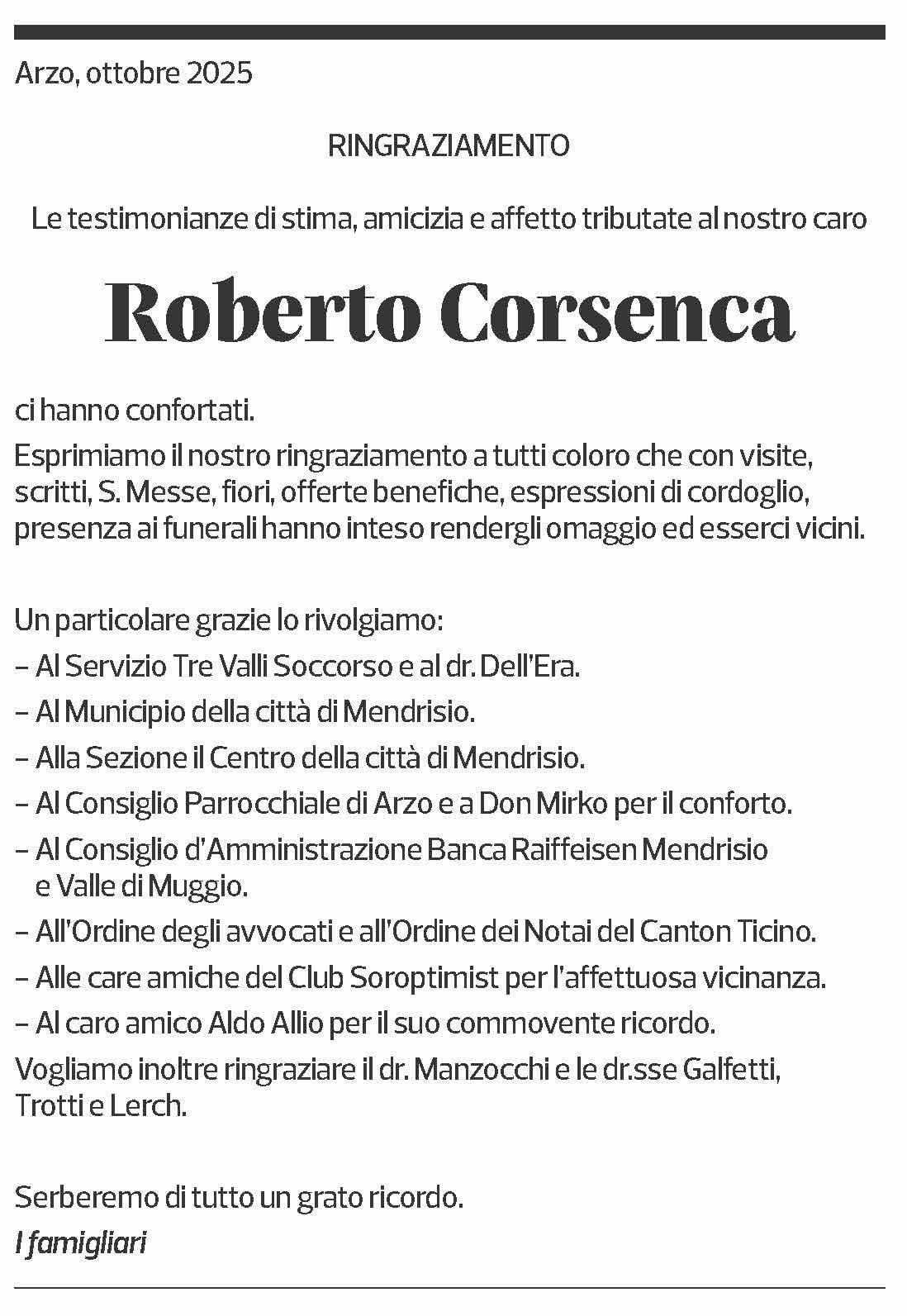 Annuncio funebre Roberto Corsenca