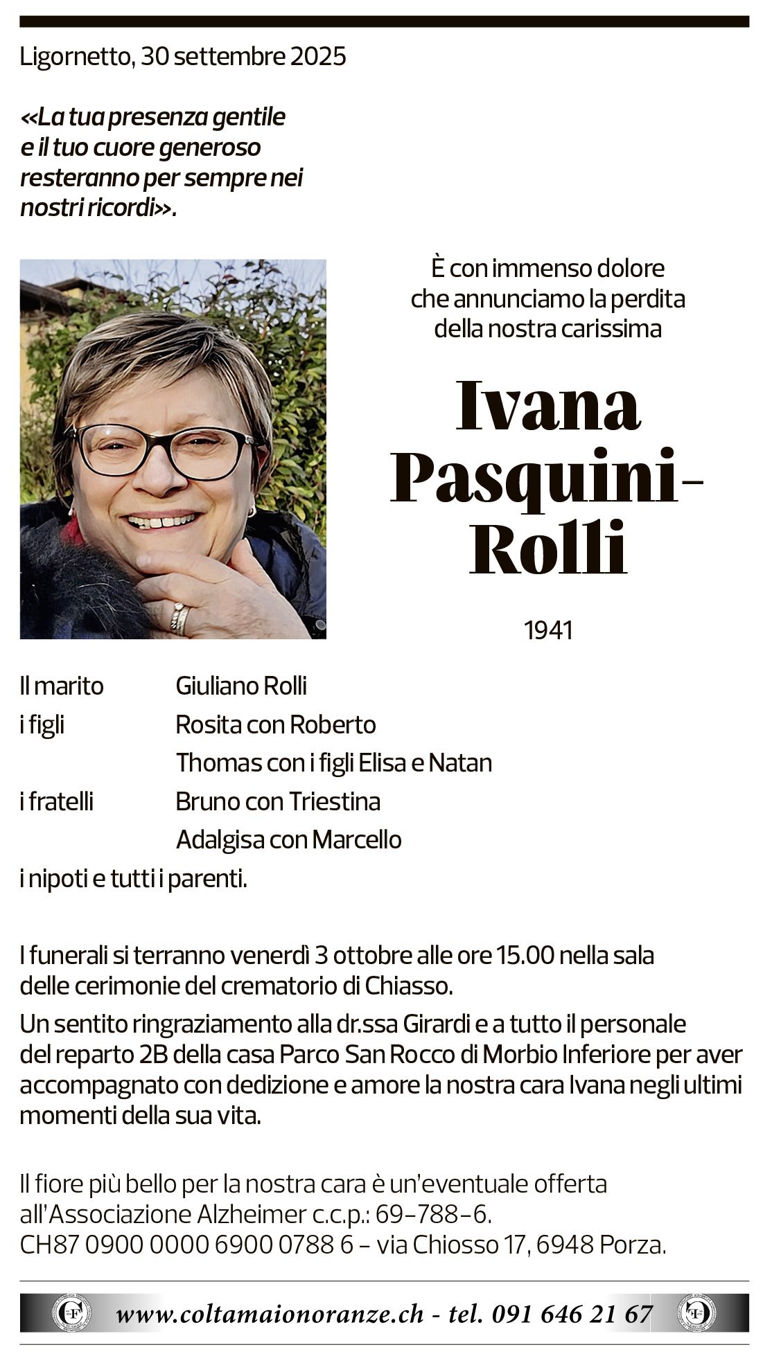 Annuncio funebre Ivana Pasquini-rolli