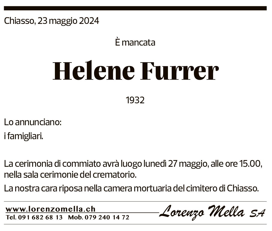 Annuncio funebre Helene Furrer