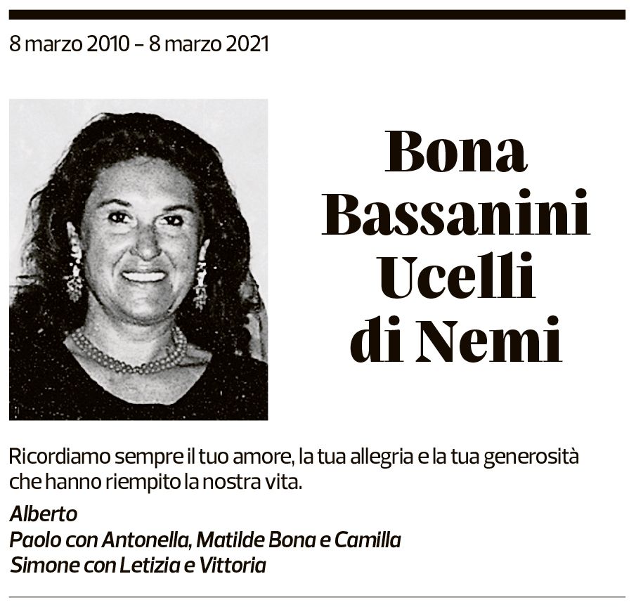 Annuncio funebre Bona Bassanini Uccelli Di Nemi