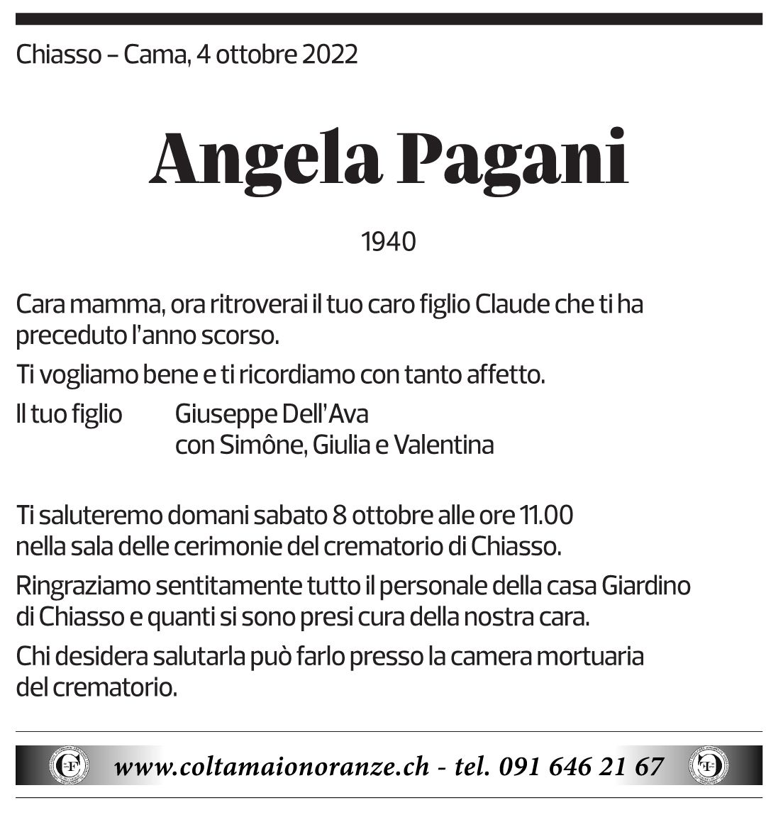 Annuncio funebre Angela Pagani