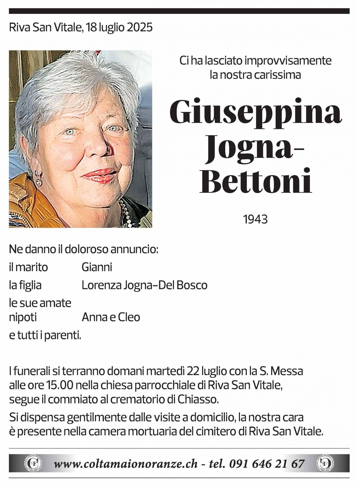 Annuncio funebre Giuseppina Jogna-bettoni