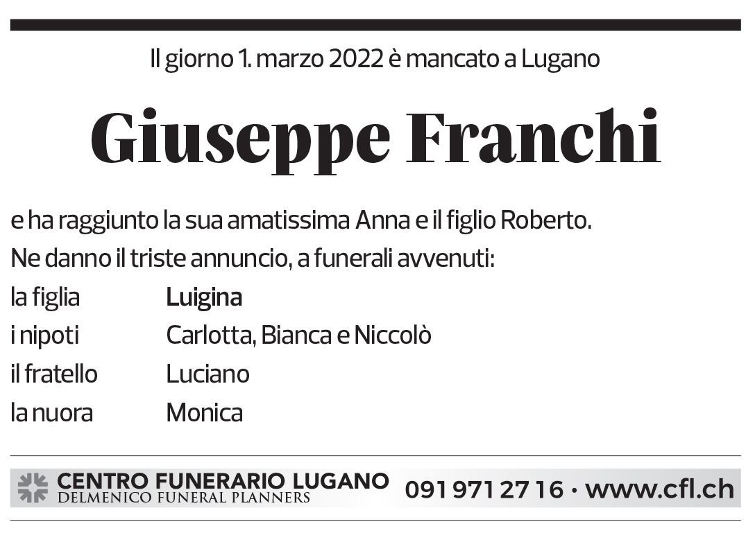 Annuncio funebre Giuseppe Franchi