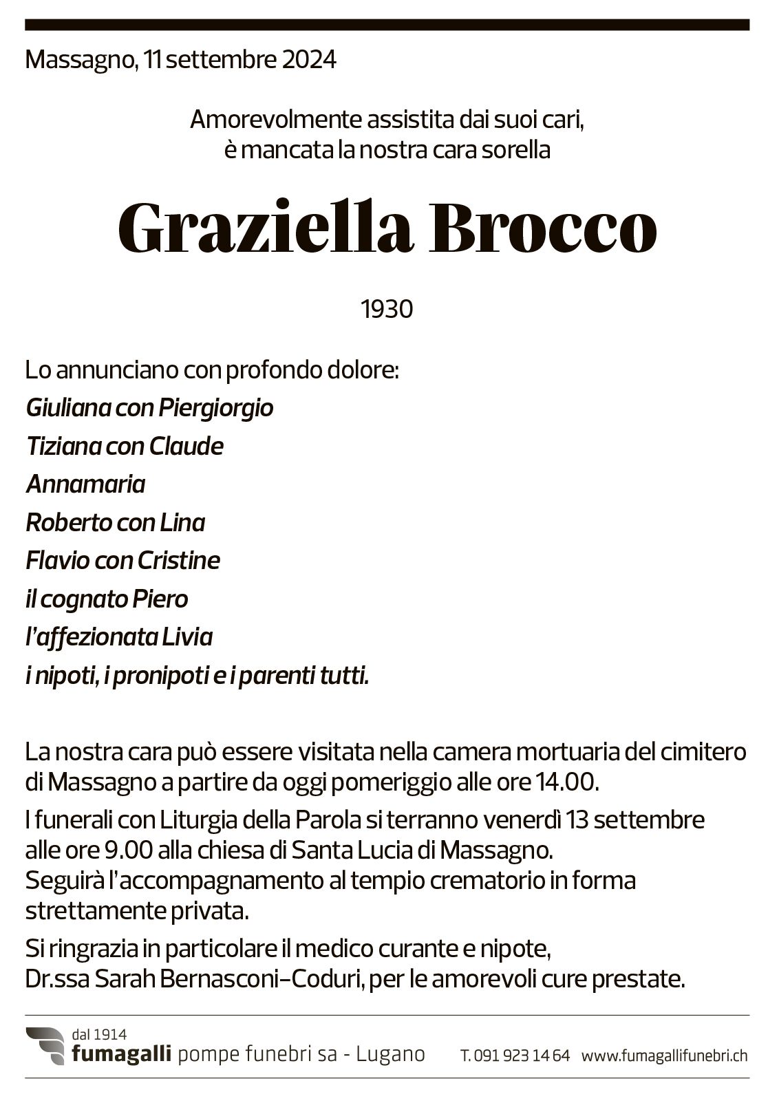 Annuncio funebre Graziella Brocco