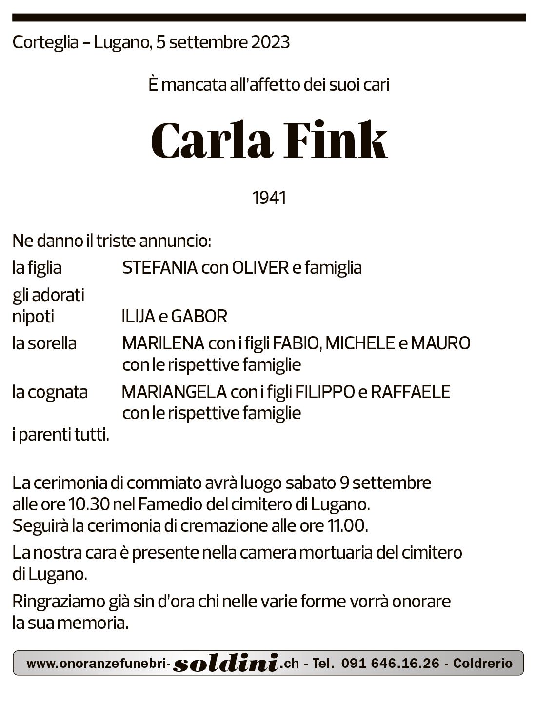 Annuncio funebre Carla Fink