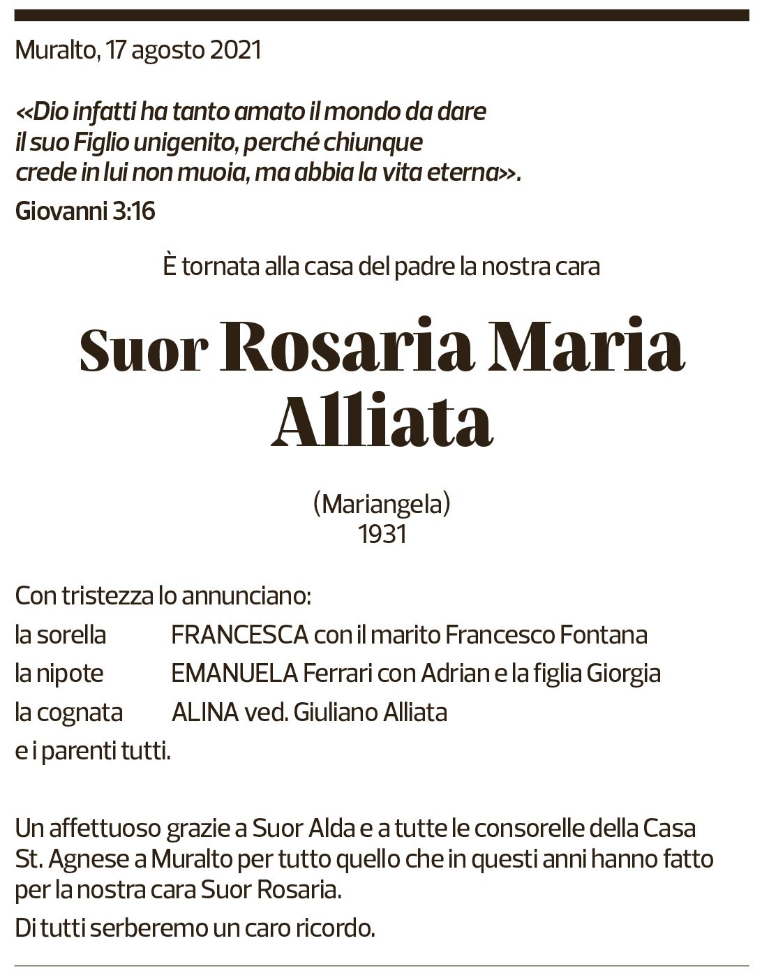 Annuncio funebre Rosaria Maria Alliata