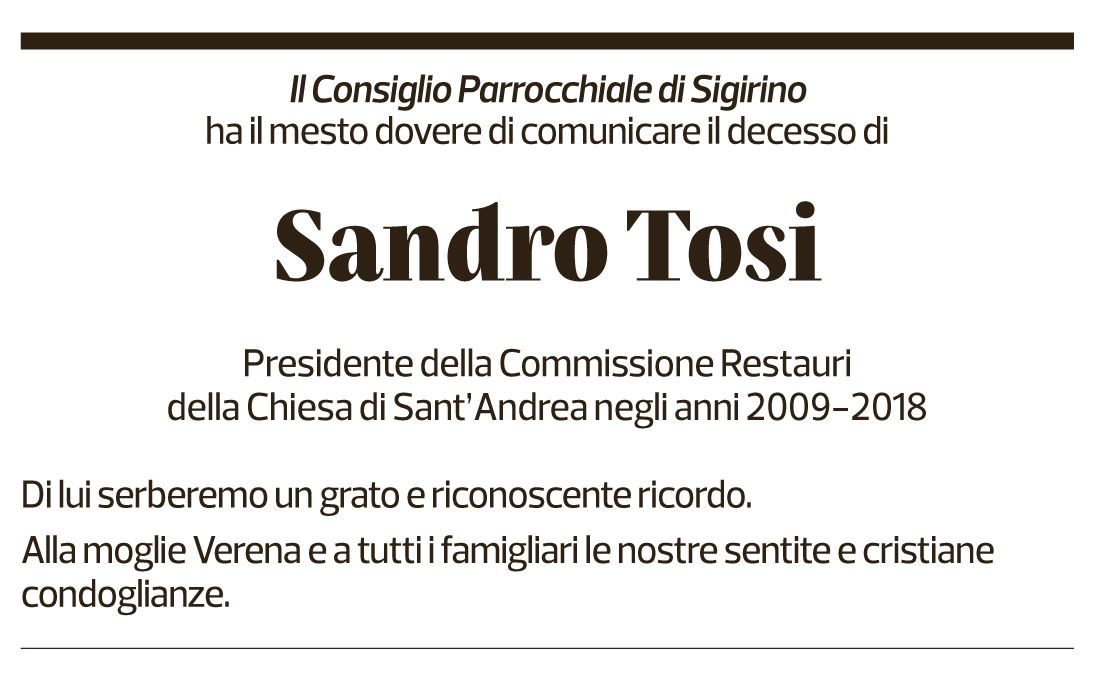 Annuncio funebre Sandro Tosi