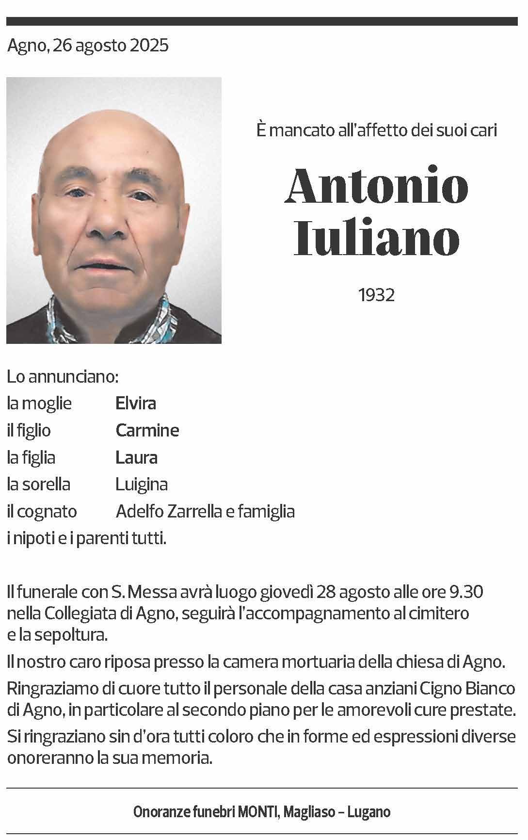 Annuncio funebre Antonio Iuliano