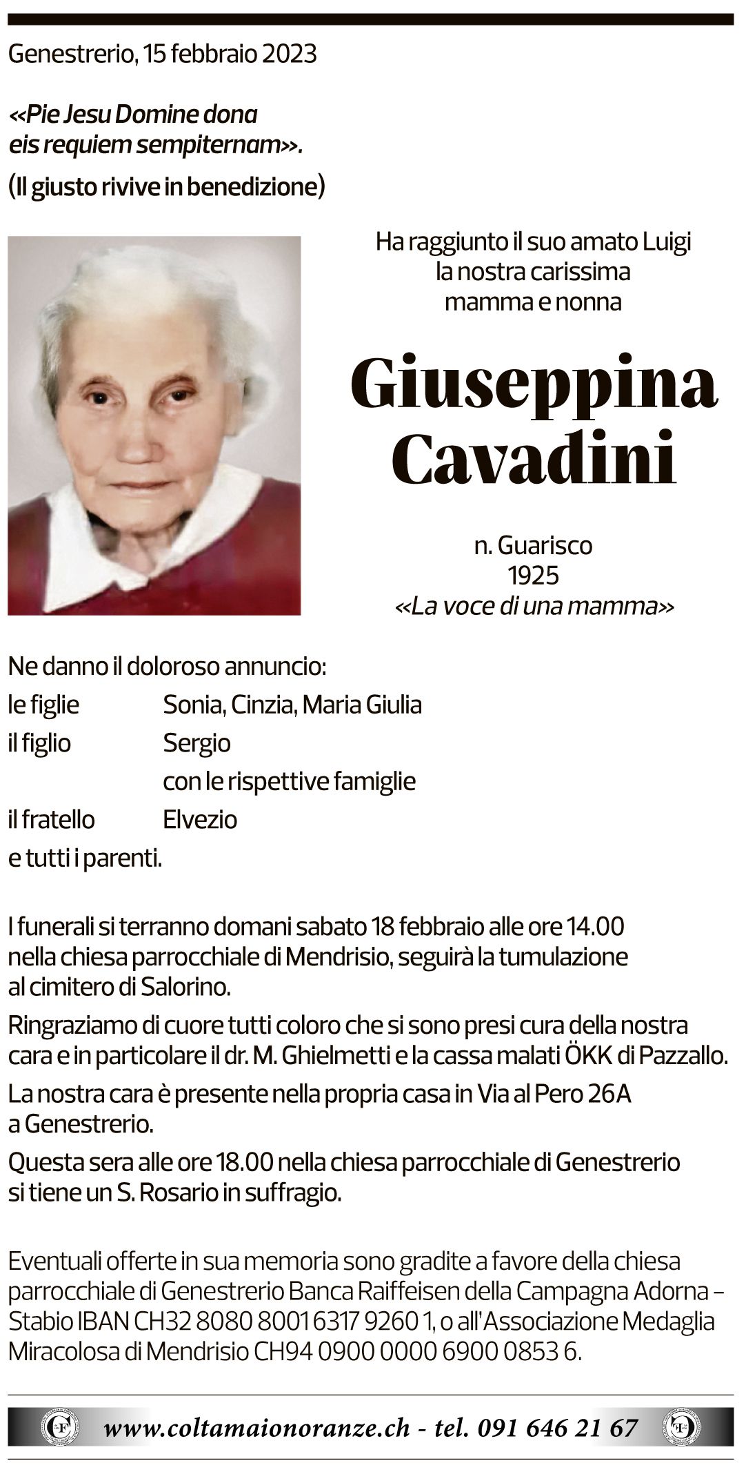 Annuncio funebre Giuseppina Cavadini