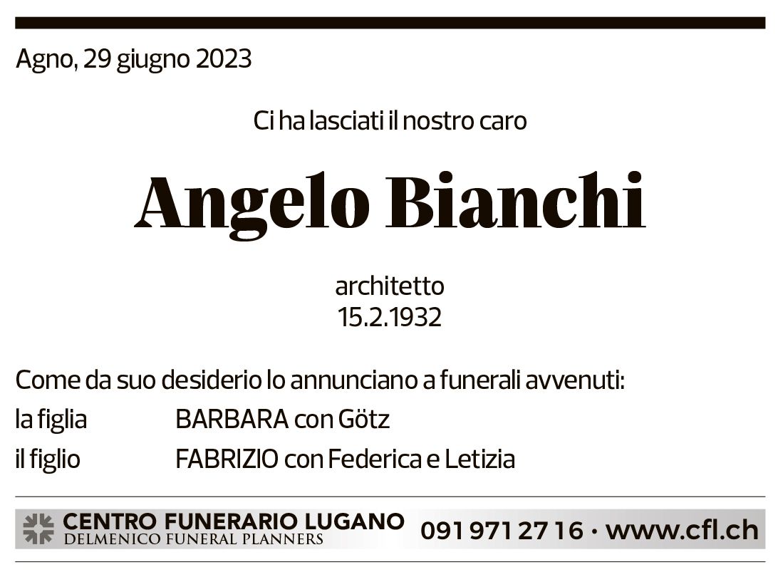 Annuncio funebre Angelo Bianchi