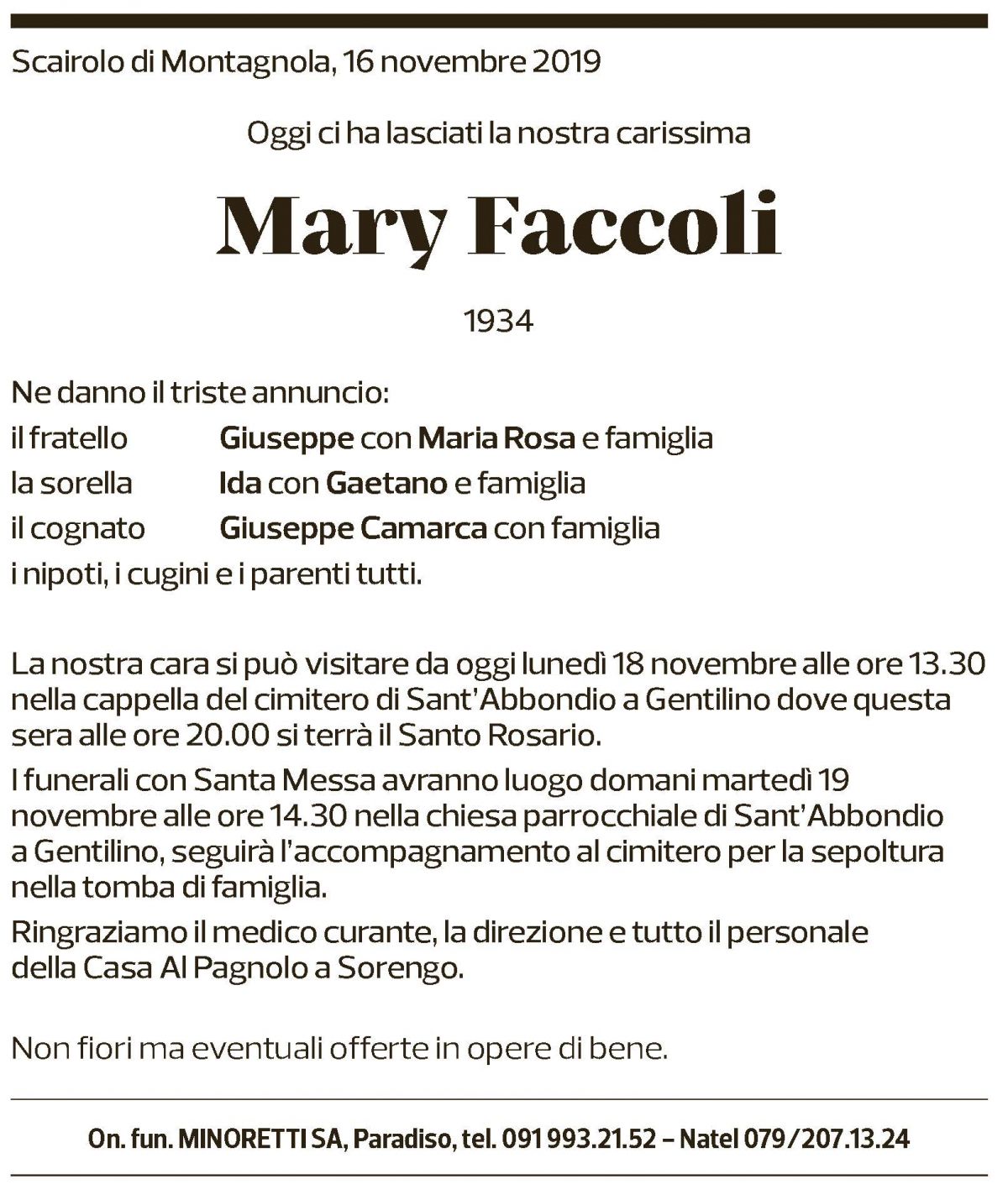 Annuncio funebre Mary Faccoli