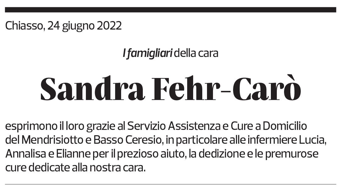 Annuncio funebre Sandra Fehr-carò