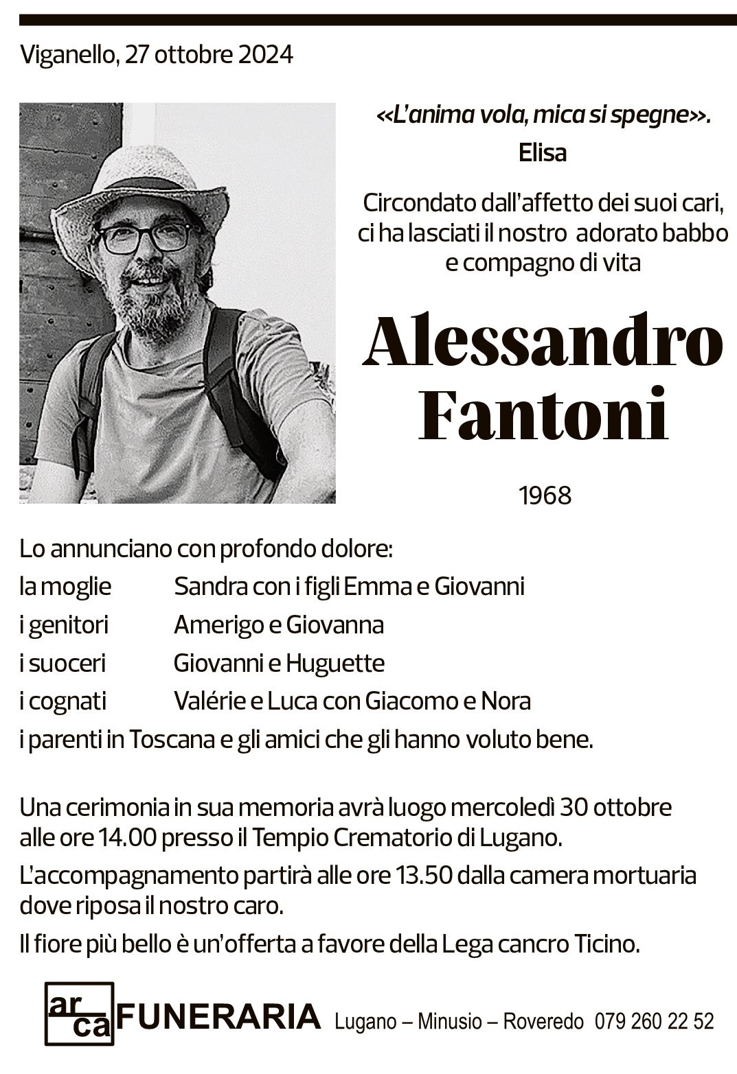 Annuncio funebre Alessandro Fantoni