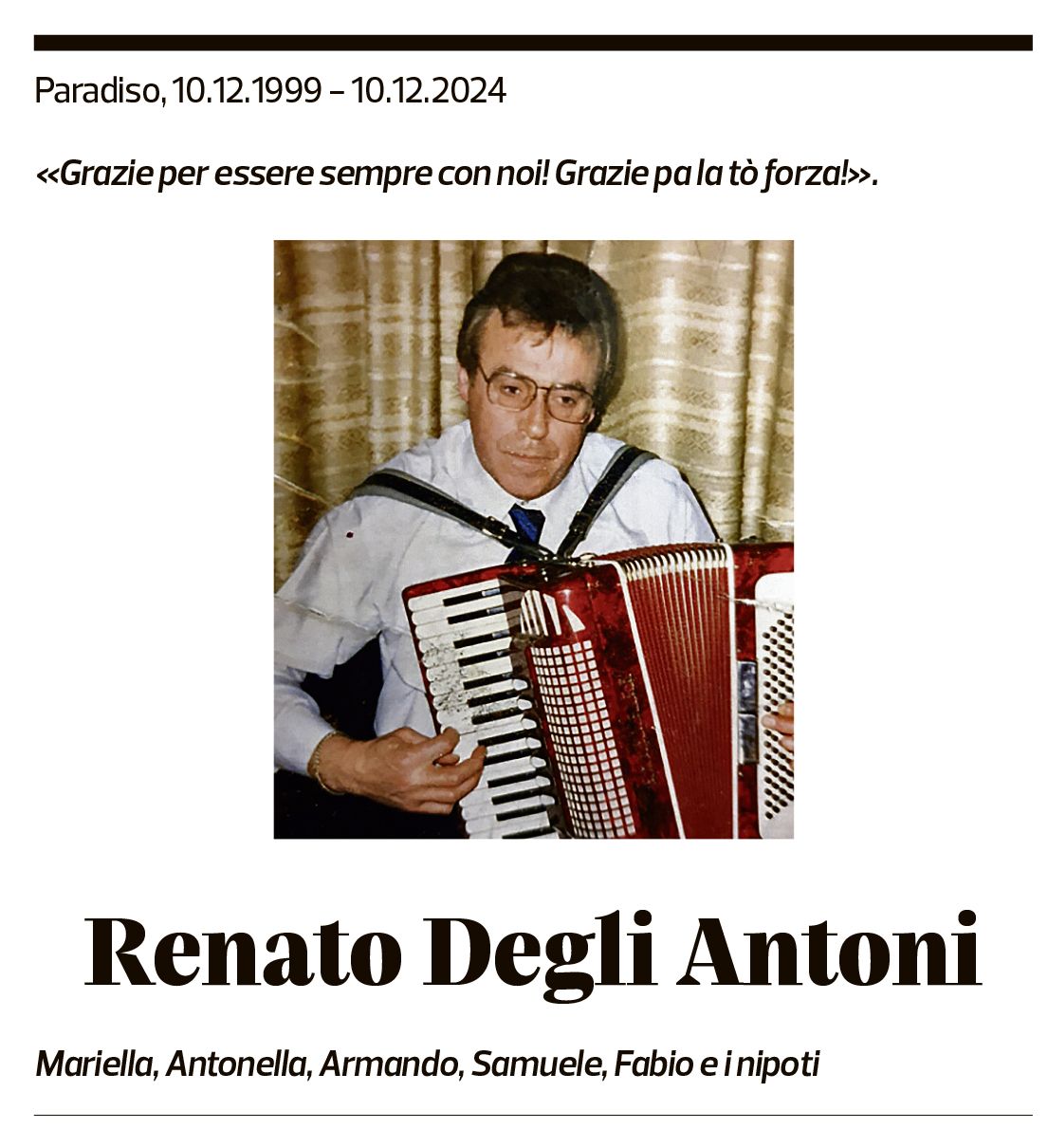 Annuncio funebre Renato Degli Antoni