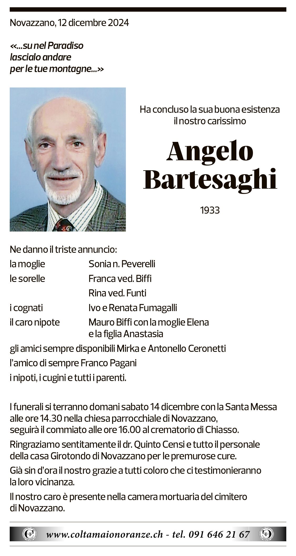 Annuncio funebre Angelo Bartesaghi