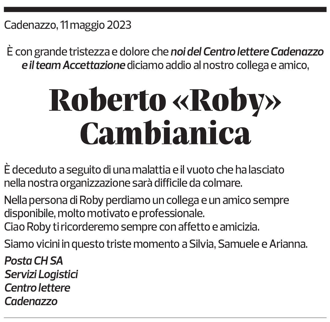 Annuncio funebre Roberto Cambianica