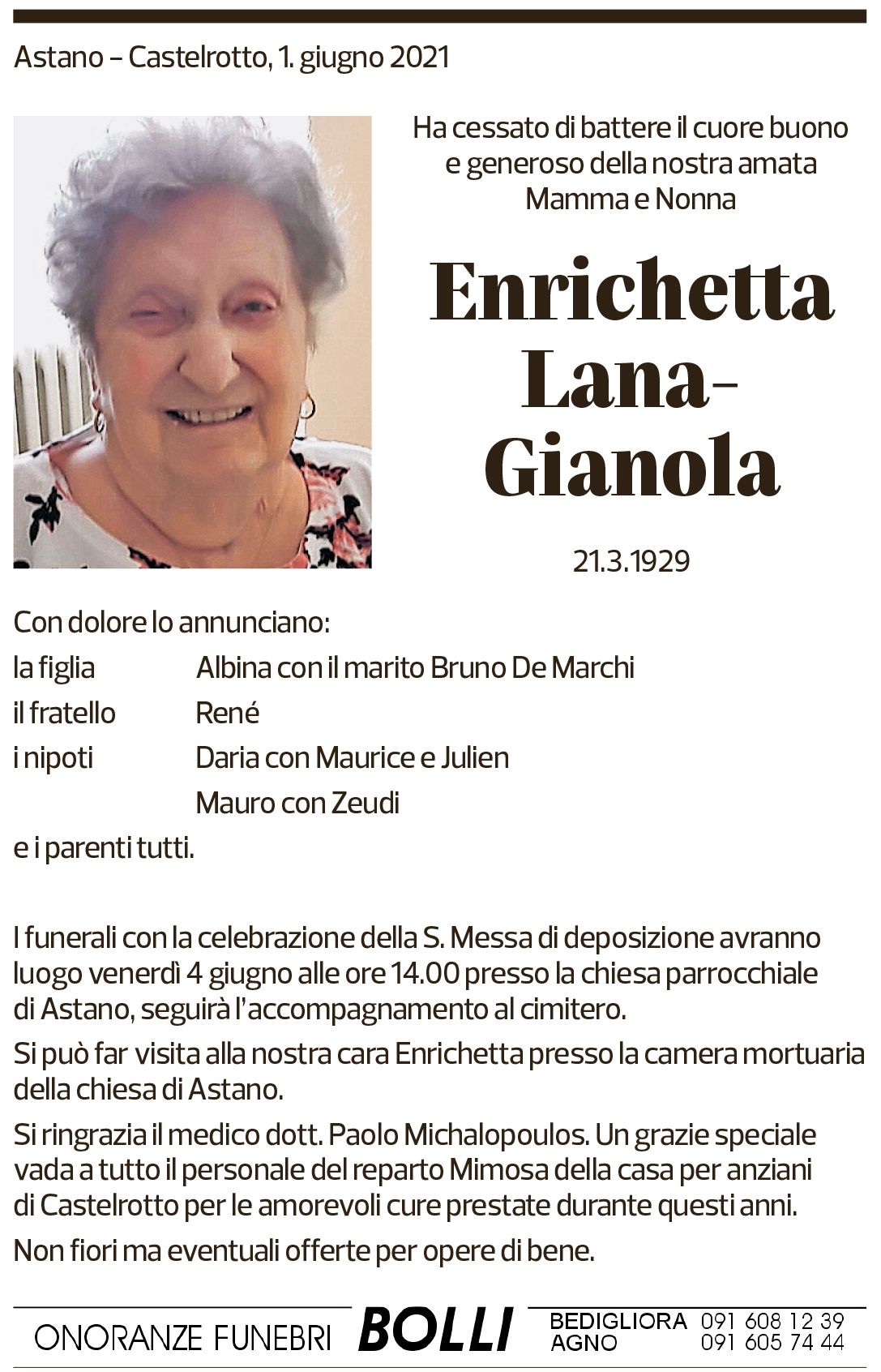 Annuncio funebre Enrichetta Lana-gianola