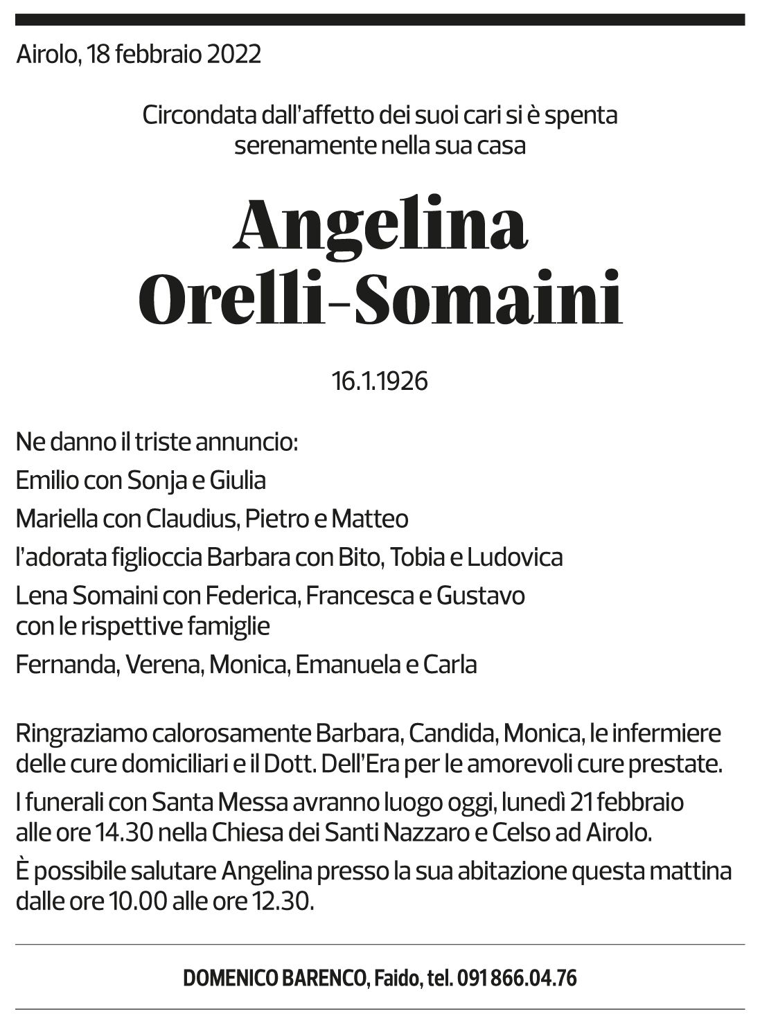 Annuncio funebre Angelina Orelli-somaini