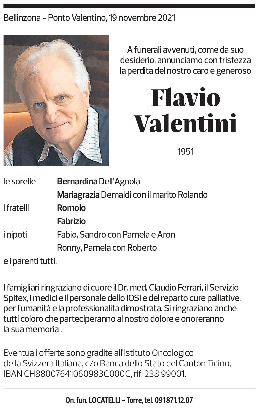 Annuncio funebre Flavio Valentini