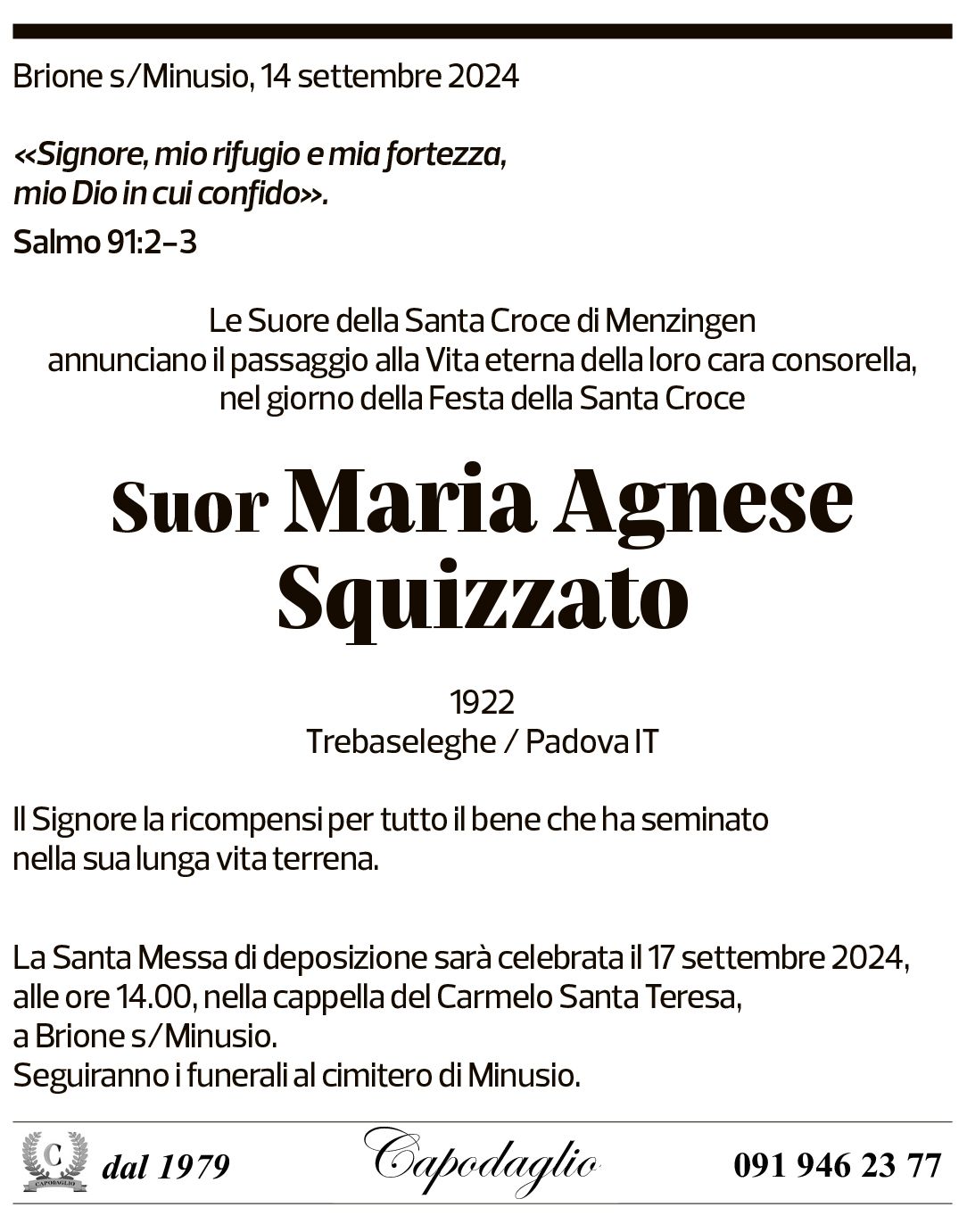 Annuncio funebre Suor Maria Agnese Squizzato