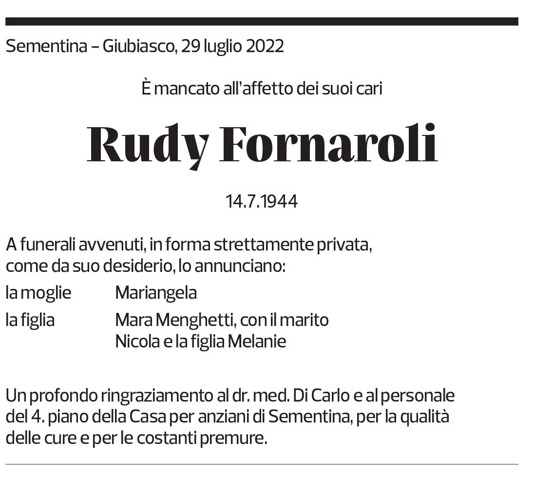 Annuncio funebre Rudy Fornaroli