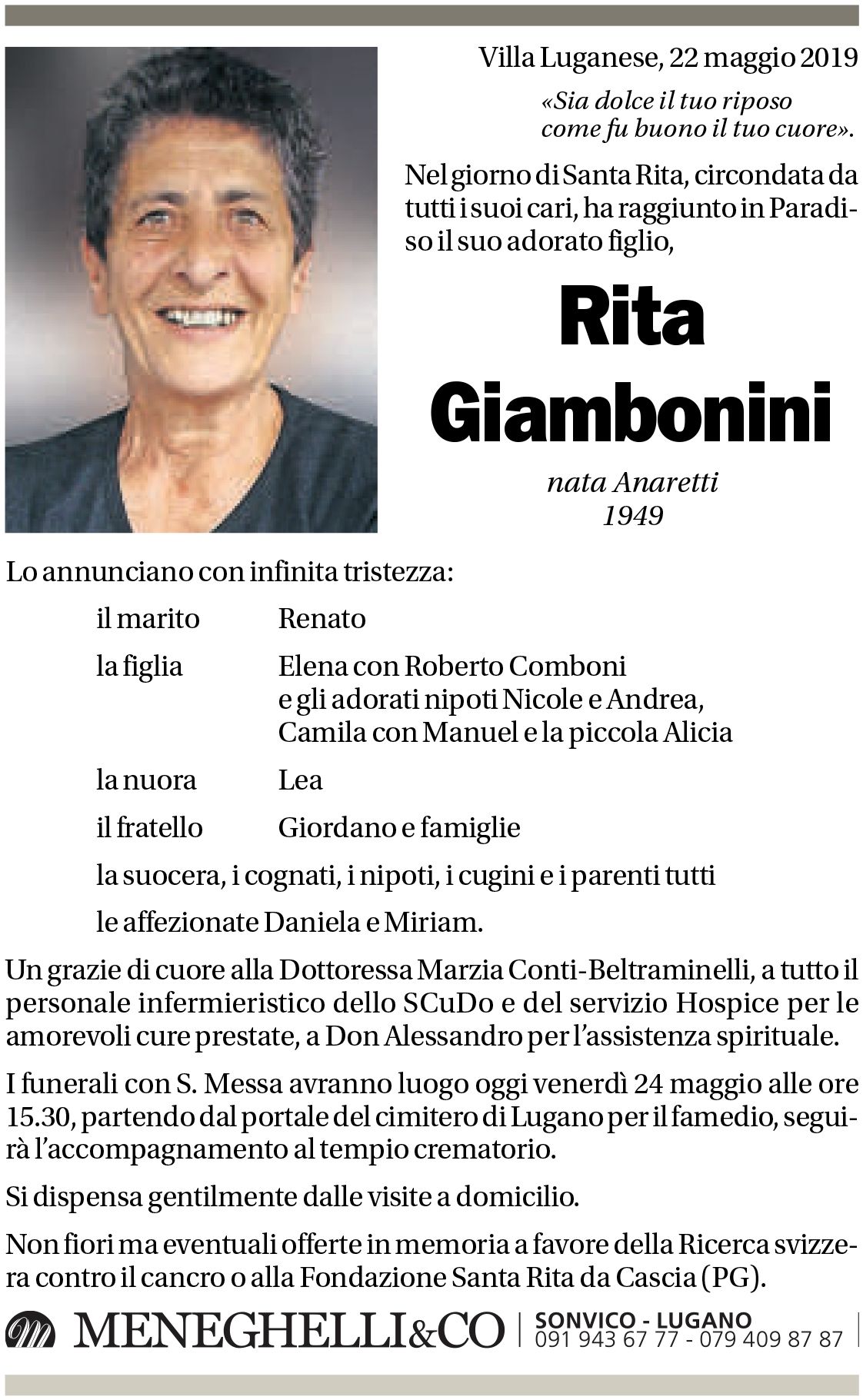 Annuncio funebre Rita Giambonini