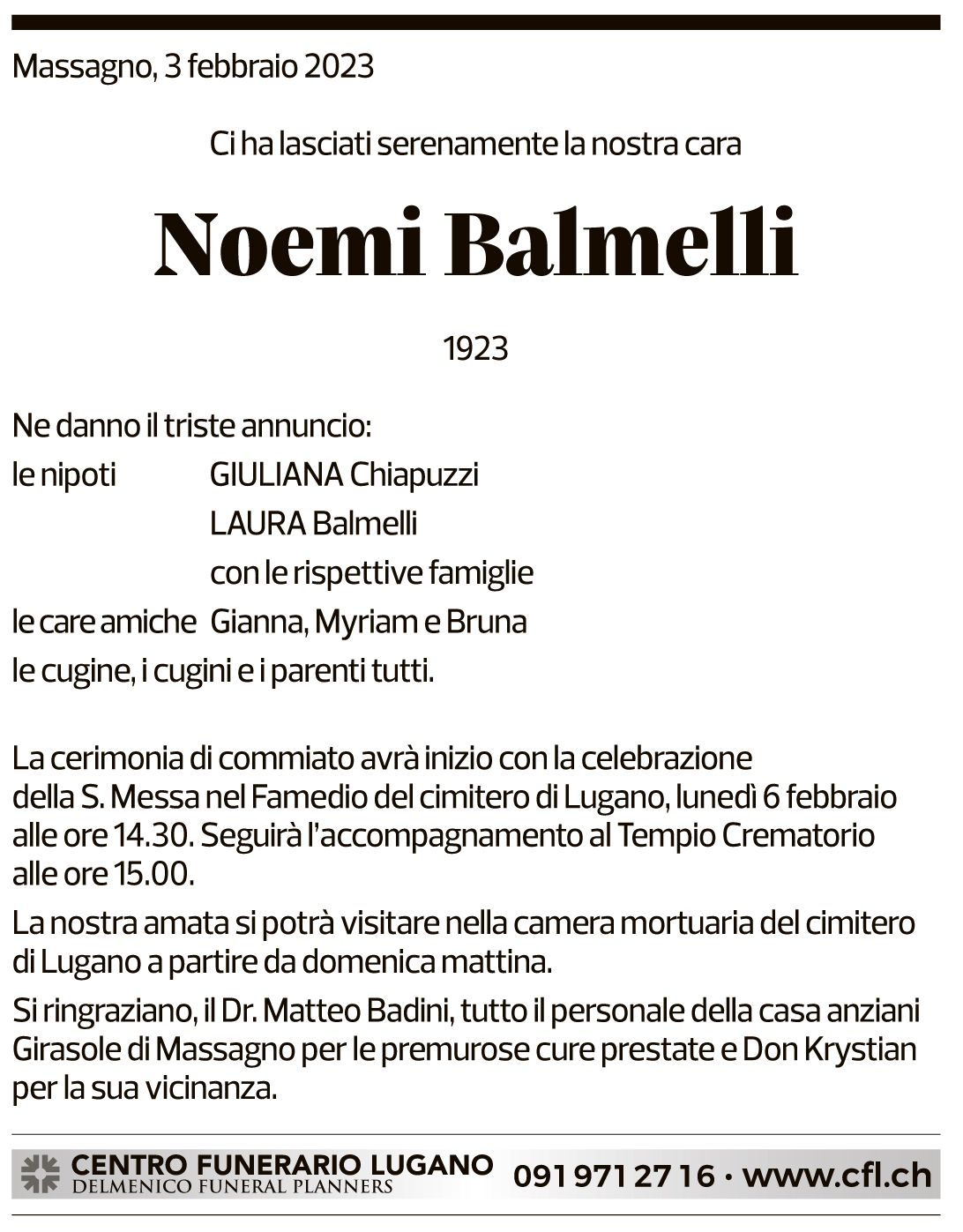 Annuncio funebre Noemi Balmelli