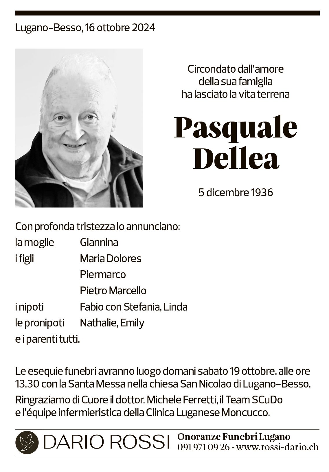 Annuncio funebre Pasquale Dellea