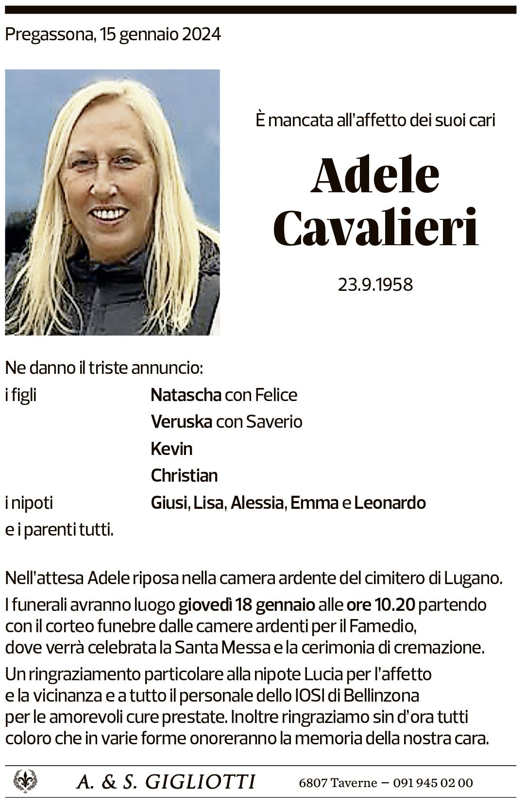 Annuncio funebre Adele Cavalieri