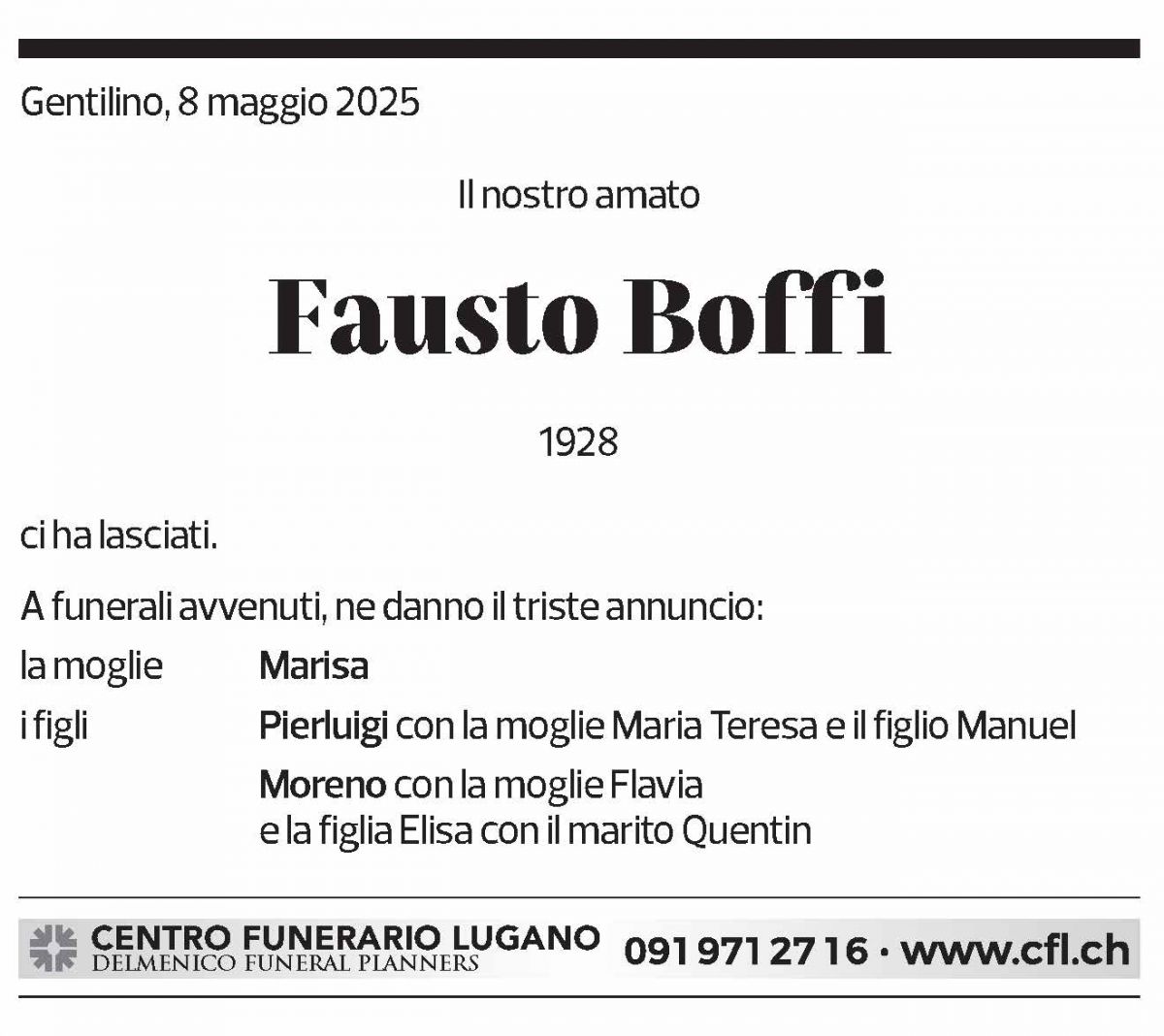 Annuncio funebre Fausto Boffi