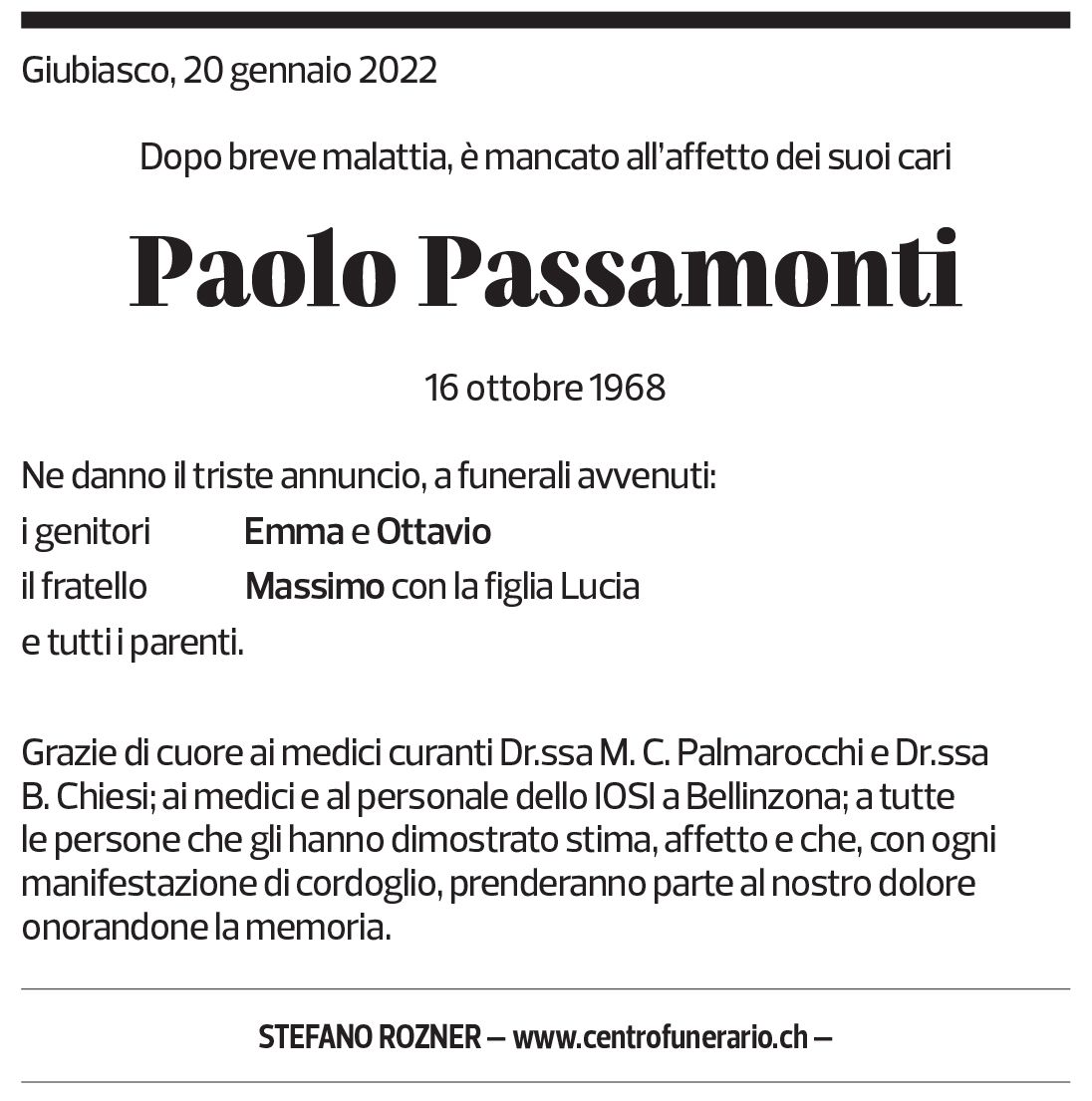 Annuncio funebre Paolo Passamonti