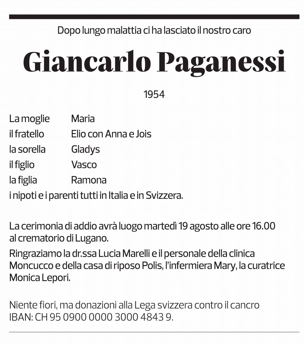 Annuncio funebre Giancarlo Paganessi