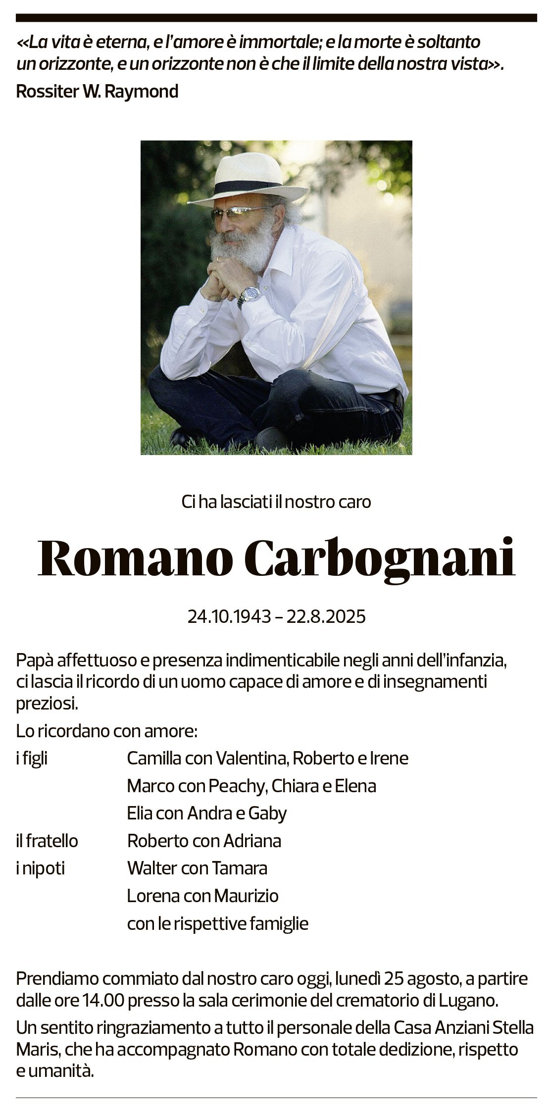 Annuncio funebre Romano Carbognani