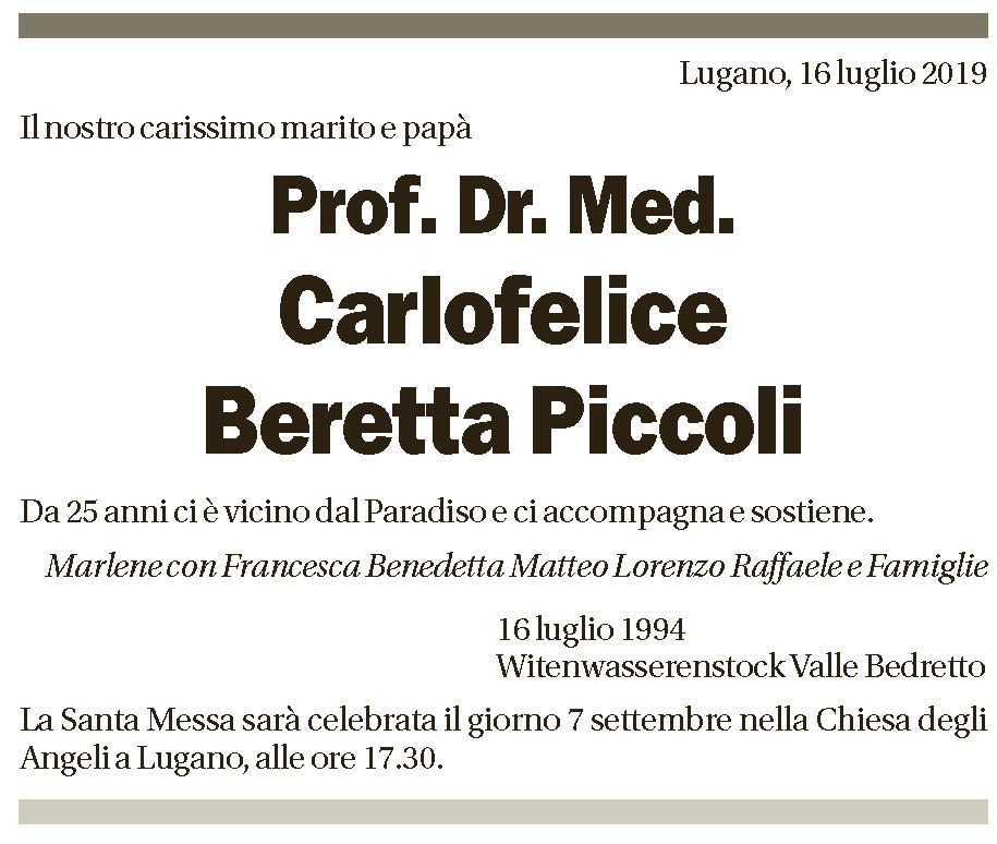 Annuncio funebre Carlofelice Beretta Piccoli