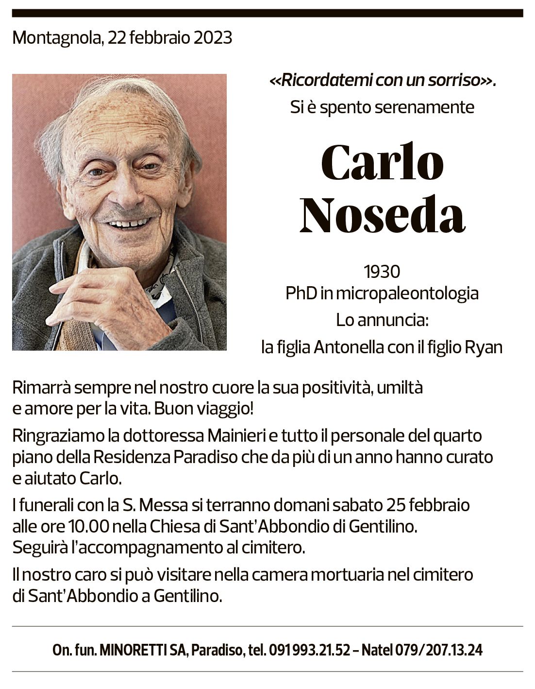 Annuncio funebre Carlo Noseda