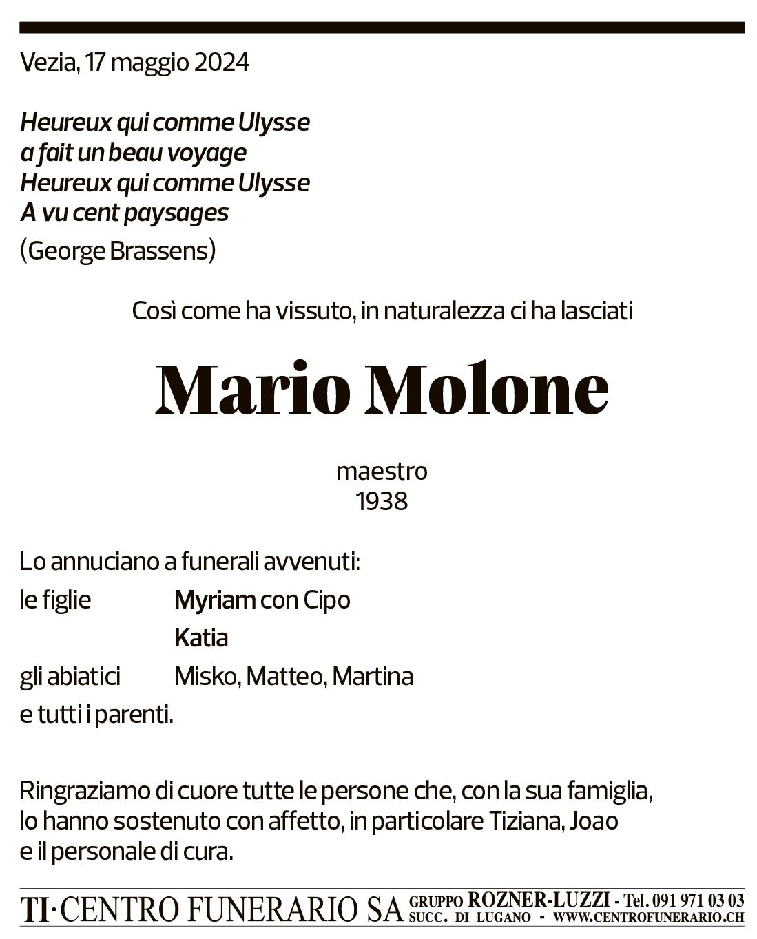 Annuncio funebre Mario Molone