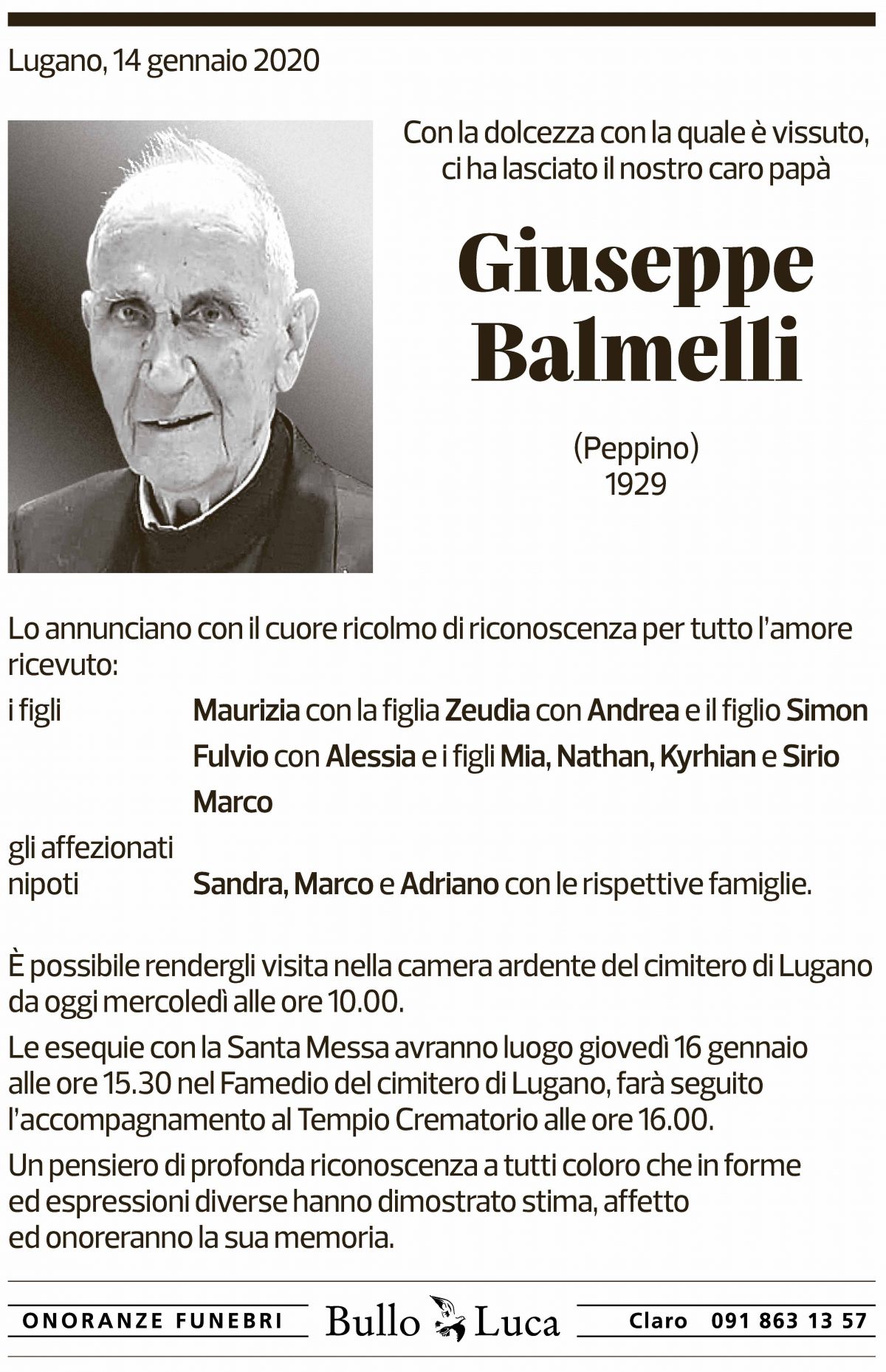Annuncio funebre Giuseppe Balmelli