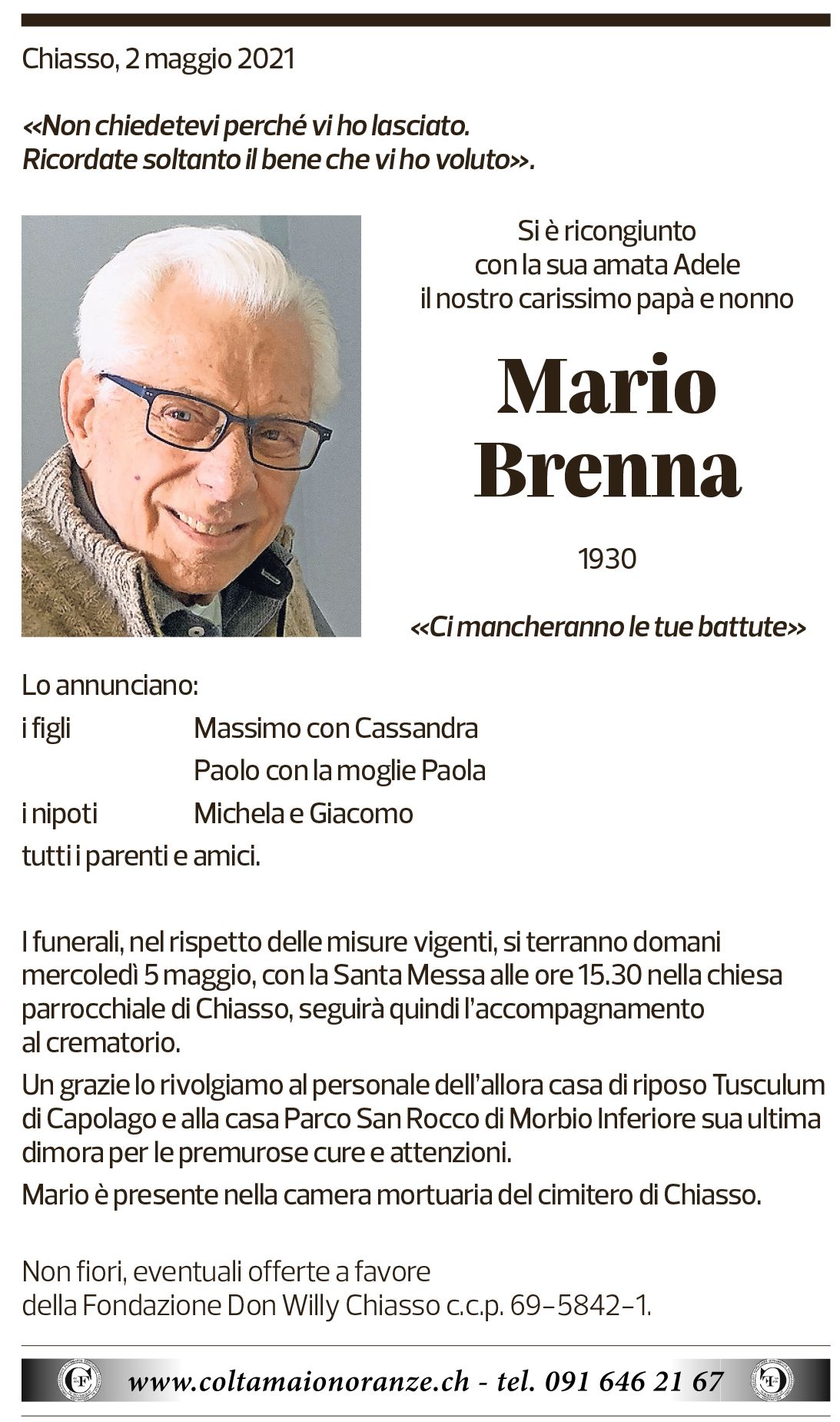 Annuncio funebre Mario Brenna