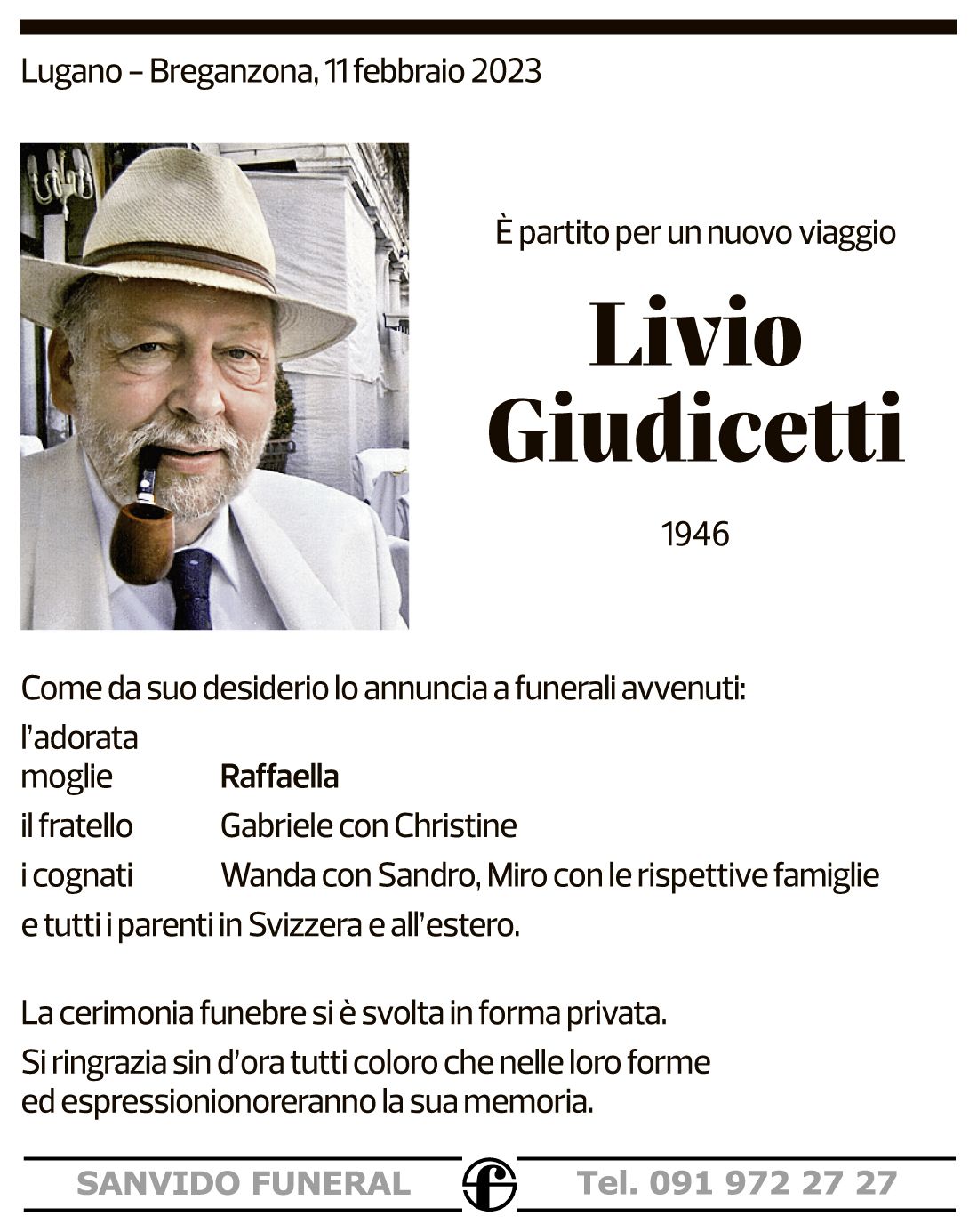 Annuncio funebre Livio Giudicetti