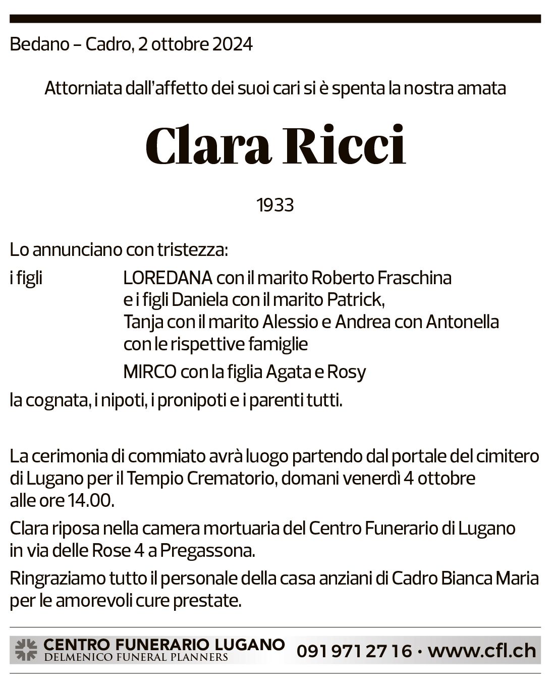 Annuncio funebre Clara Ricci