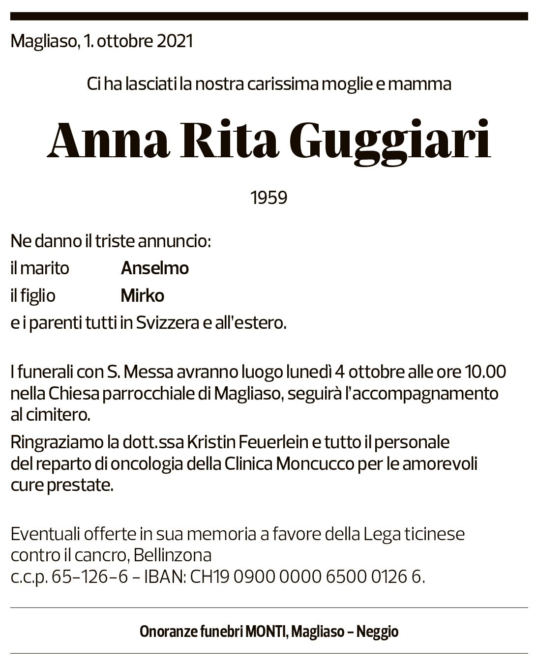 Annuncio funebre Anna Rita Guggiari